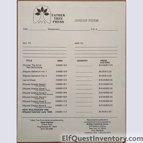 1990 Calendar Order Sheet